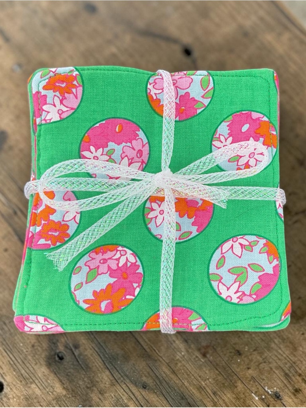 Vintage Floral Dot Green Fabric Coasters - Pink & Orange Accents